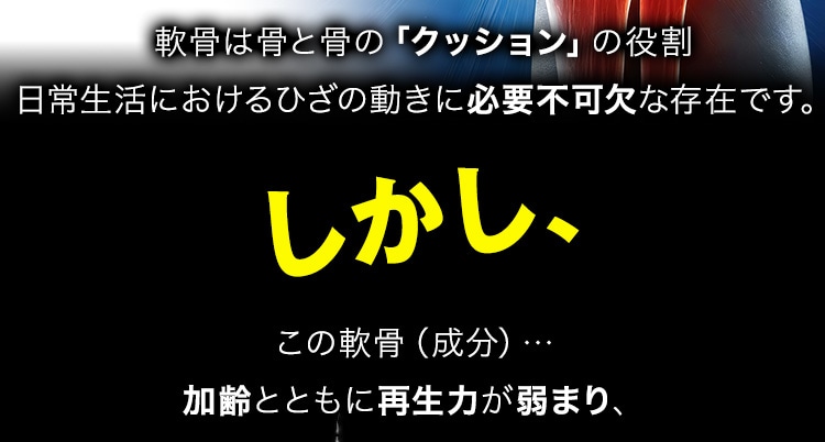 軟骨は骨と骨の「クッション」の役割日常生活におけるひざの動きに必要不可欠な存在です。しかし、この軟骨（成分）…加齢とともに再生力が弱まり、