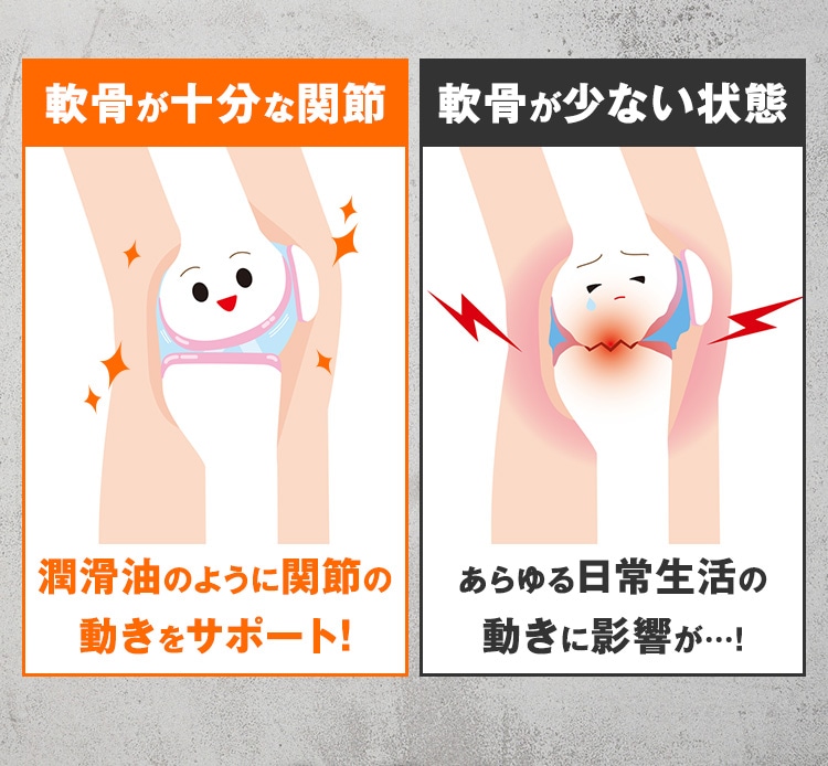 軟骨が十分な関節 潤滑油のように関節の動きをサポート! 軟骨が少ない状態 あらゆる日常生活の動きに影響が…!