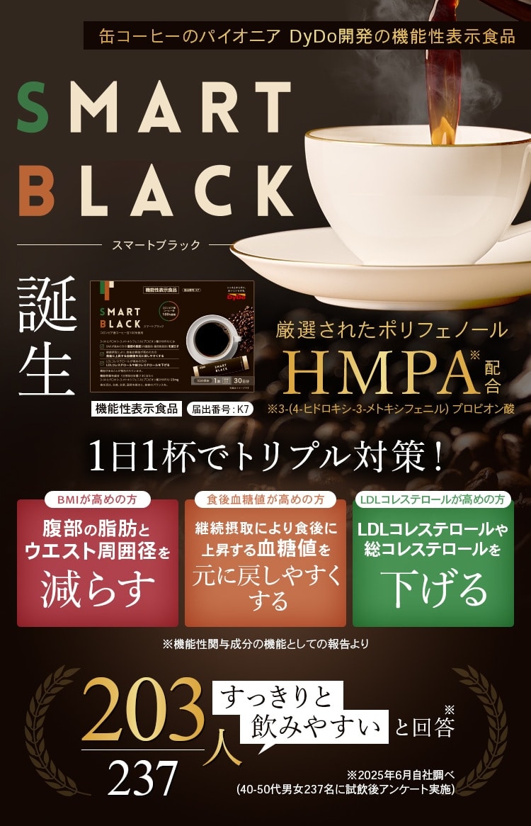 缶コーヒーのパイオニアDyDo開発の機能性表示食品 SMART BLACK