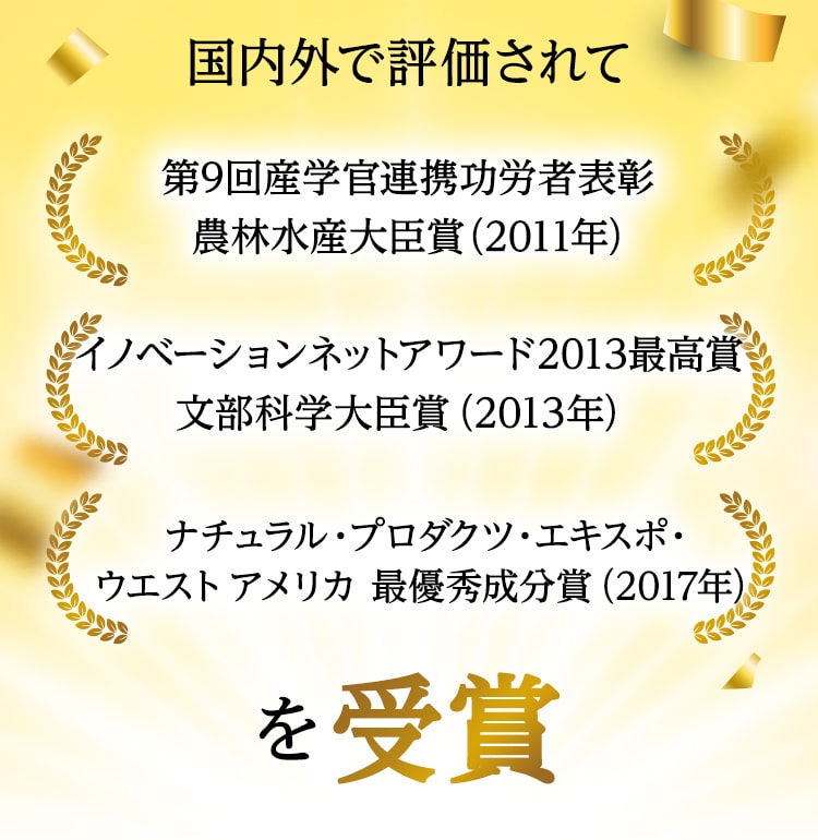 国内外で評価されて第9回産学官連携功労者表彰 農林水産大臣賞（2011年）/ イノベーションネットアワード2013最高賞 文部科学大臣賞（2013年）/ ナチュラル・プロダクツ・エキスポ・ウエストアメリカ 最優秀成分賞（2017年）を受賞