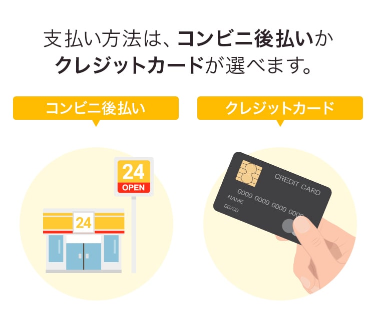 支払い方法は、コンビニ後払いかクレジットカードが選べます。