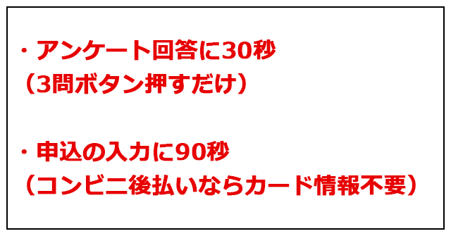 ・アンケート回答に30秒(3問ボタン押すだけ)・申込の入力に90秒(コンビニ後払いならカード情報不要)