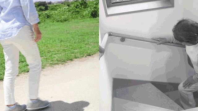 健康に歩く人と辛そうに階段を上る人