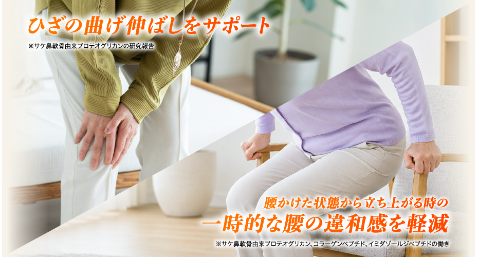 ひざの曲げ伸ばしをサポート／腰かけた状態から立ち上がる時の一時的な腰の違和感を軽減