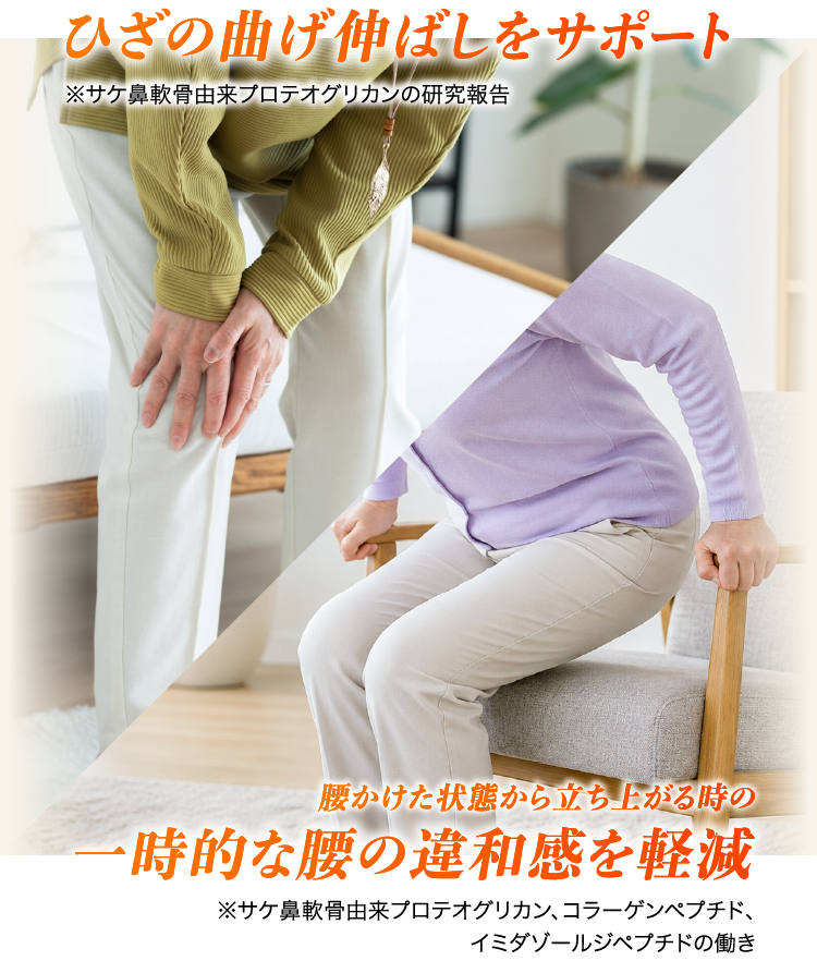 ひざの曲げ伸ばしをサポート／腰かけた状態から立ち上がる時の一時的な腰の違和感を軽減